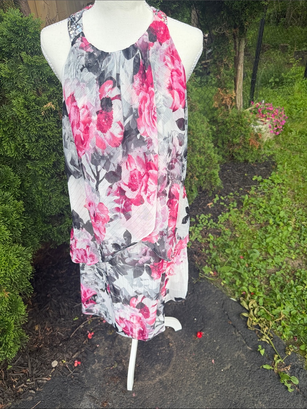 SLNY Pink and Gray Floral Halter Mini Dress